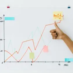 A hand giving thumbs up next to profit chart on a whiteboard, indicating success.