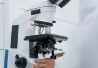 Detailed view of a scientist operating a microscope in a laboratory setting.