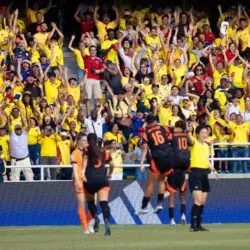 Energetic crowd of Colombian football fans cheering at a match in a vibrant stadium.